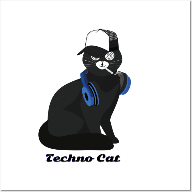 Techno Cat - Catsondrugs.com - Techno Party Ibiza Rave Dance Underground Festival Spring Break  Berlin Good Vibes Trance Dance technofashion technomusic housemusic Wall Art by catsondrugs.com